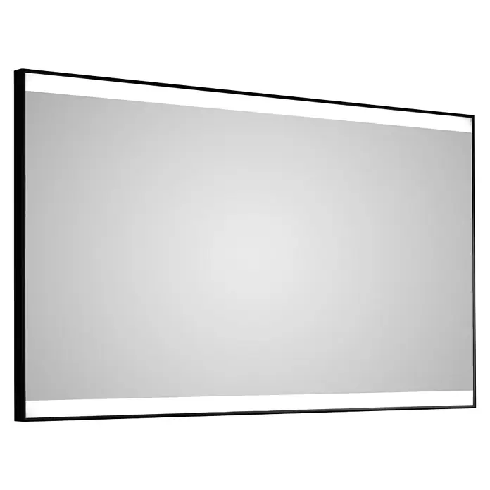 DSK Lichtspiegel Black Star - 120 x 70 cm - Nahaufnahme eines LED-beleuchteten Spiegels mit einem schlanken, schwarzen Rahmen, der ein modernes und minimalistisches Design zeigt.