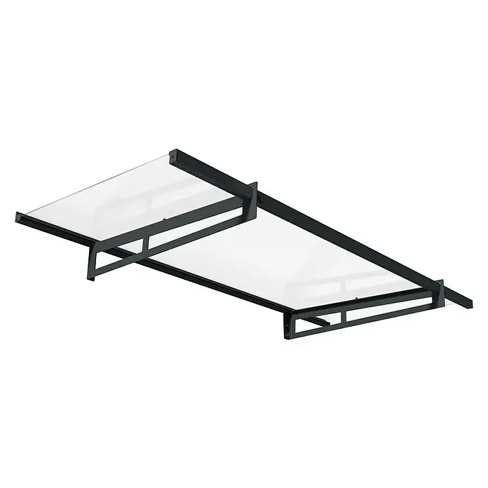 Palram – Canopia Pultvordach Bremen - 205 x 93,5 x 18,7 cm, Anthrazitgrau - Eine stilvolle Terrassenüberdachung mit schwarzem Rahmen und lichtdurchlässigem Dach bietet Schutz und modernes Design.