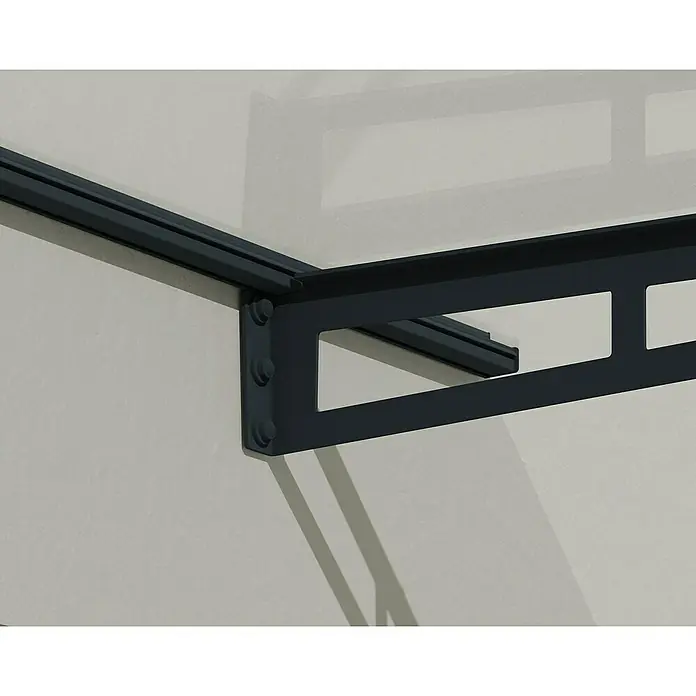 Palram – Canopia Pultvordach Bremen - 150 x 93,5 x 18,7 cm, Anthrazitgrau - Nahaufnahme einer stilvollen, schwarzen Vordachkonstruktion mit klarem Glas und minimalistischem Design, perfekt für moderne Eingänge.
