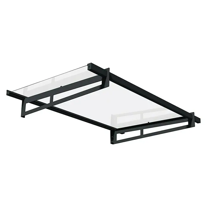 Palram – Canopia Pultvordach Bremen - 150 x 93,5 x 18,7 cm, Anthrazitgrau - Schwarze, moderne Vordach-Konstruktion mit transparenten Paneelen für Eingangsbereiche, die Schutz und stilvolles Design bietet.