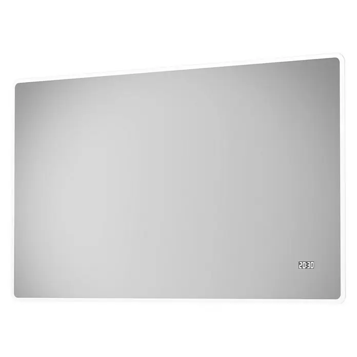 DSK Lichtspiegel Silver Sintra - 120 x 70 cm - Ein rechteckiger Spiegel mit abgerundeten Ecken und einem digitalen Display, das die Uhrzeit 20:30 anzeigt. Der Spiegel ist mit einer LED-Hintergrundbeleuchtung versehen.