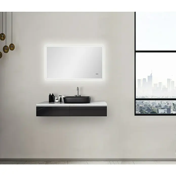 DSK Lichtspiegel Silver Sintra - 120 x 70 cm - Elegantes Badezimmer-Interieur mit einem modernen Waschtisch und einem beleuchteten Spiegel. Das Design besticht durch klare Linien und hochwertige Materialien.