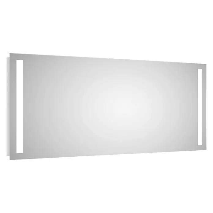 DSK Lichtspiegel Silver Dream140 x 70 cm - Diese Aufnahme zeigt einen rechteckigen beleuchteten Badezimmerspiegel mit seitlicher LED-Beleuchtung vor einem schwarzen Hintergrund.