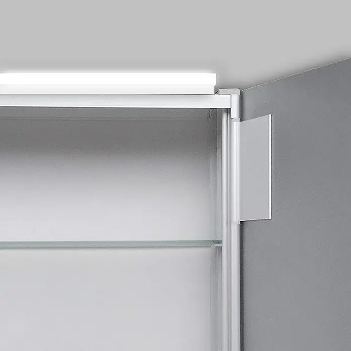 DSK LED-Spiegelschrank Aluminio Vegas - B x H: 70 x 50 cm, Aluminium, Aluminium - Detailaufnahme eines Spiegelschranks mit Glasablage und integrierter Beleuchtung, ideal für Badezimmer.
