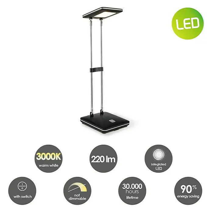 LED-Tischleuchte Check - 2,5 W, L x B x H: 10,5 x 10,5 x 31,5 cm, Schwarz, Warmweiß - Abbildung einer LED-Schreibtischlampe mit verschiedenen Merkmalen, darunter Farbtemperatur, Helligkeit, Lebensdauer, Energieeffizienz und Schalter.