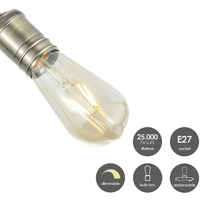 Home Sweet Home LED-Deckenleuchte Spy - 6 W, L x B x H: 30 x 9,5 x 20,5 cm, Gold, Warmweiß, 2 Stk. - Nahaufnahme einer dimmbaren E27 LED-Glühbirne mit 25.000 Stunden Lebensdauer, inklusive Leuchtmittel und austauschbar.