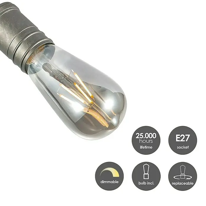 Home Sweet Home LED-Deckenleuchte Spy - 5,8 W, L x B x H: 47 x 9,5 x 20,5 cm, Burned Metal, Warmweiß, 3 Stk. - Nahaufnahme einer E27 LED-Glühbirne mit langer Lebensdauer und Dimmfunktion für stimmungsvolle Beleuchtung.