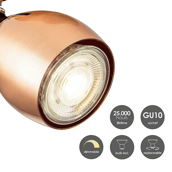 Home Sweet Home LED-Deckenstrahler Novi - 5,8 W, L x B x H: 9,5 x 46 x 17,6 cm, Kupfer, Warmweiß - Nahaufnahme einer verstellbaren LED-Lampe in Kupferoptik mit technischen Daten zu Lebensdauer, Dimmbarkeit und Sockeltyp.