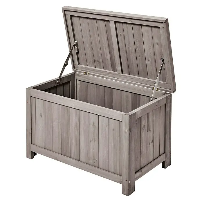 Butenkist Gartenbox Henriette - L x B x H: 75 x 45 x 45 cm, Holz, Warm Grey - Geöffnete Gartenbox aus Holz mit Deckel und Scharnieren für die Aufbewahrung im Freien.