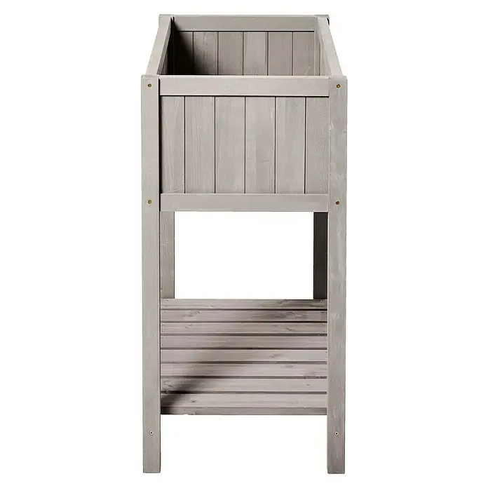 Butenkist Hochbeet Geseke - 75 x 45 x 85 cm, Holz, Warm Grey - Aufnahme eines vertikalen Kräutergartens aus Holz mit einem Pflanzkasten oben und einem Ablageboden unten, ideal für den Außenbereich.
