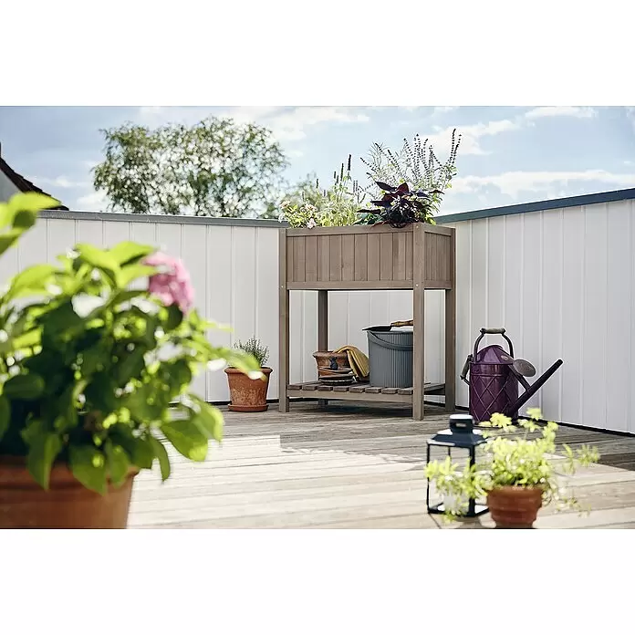 Butenkist Hochbeet Geseke - 75 x 45 x 85 cm, Holz, Warm Grey - Ein graues Hochbeet aus Holz auf einer Terrasse mit Pflanzen darin und Gartenwerkzeugen auf dem unteren Regal.