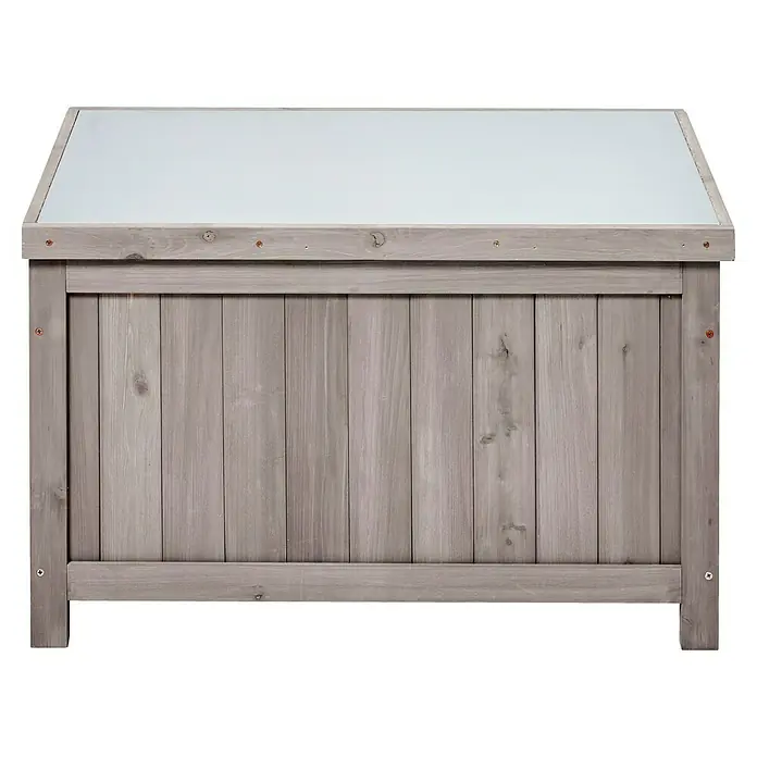 Butenkist Gartenbox Henriette - L x B x H: 75 x 45 x 45 cm, Holz, Warm Grey - Graue Holzgartenbank mit weißer Oberseite, ideal zur Aufbewahrung von Gartengeräten oder als Sitzgelegenheit im Freien.