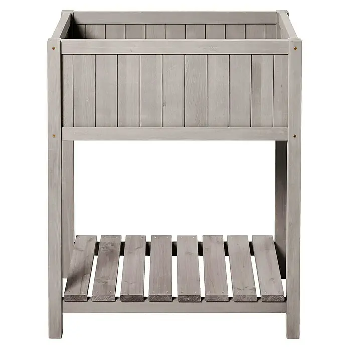 Butenkist Hochbeet Geseke - 75 x 45 x 85 cm, Holz, Warm Grey - Ein grauer Pflanztrog aus Holz mit Ablagefläche für den Garten oder die Terrasse, ideal für Pflanzen und Gartengeräte.