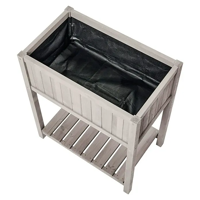 Butenkist Hochbeet Geseke - 75 x 45 x 85 cm, Holz, Warm Grey - Ein Hochbeet aus Holz mit schwarzer Auskleidung und Ablagefläche, ideal für den Garten oder Balkon. Praktisch und stilvoll!