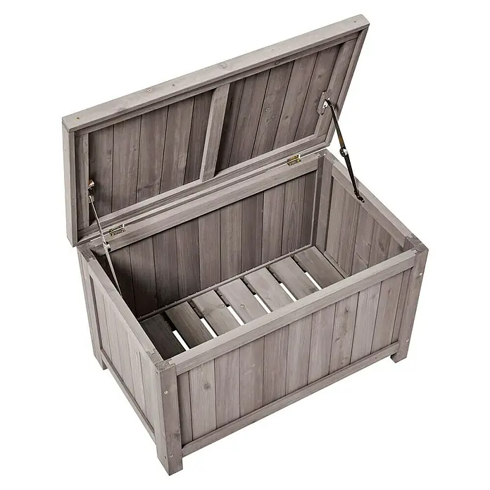 Butenkist Gartenbox Henriette - L x B x H: 75 x 45 x 45 cm, Holz, Warm Grey - Geräumige, graue Holz-Gartenbox mit offenem Deckel zur Aufbewahrung von Outdoor-Artikeln, ideal für Garten, Terrasse oder Balkon.