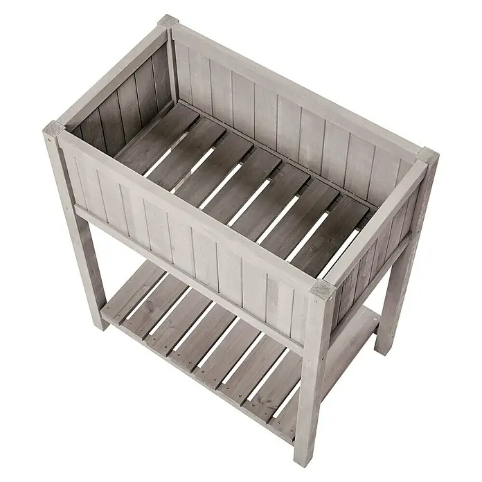 Butenkist Hochbeet Geseke - 75 x 45 x 85 cm, Holz, Warm Grey - Ein erhöhter, grauer Pflanzkasten aus Holz mit einem Ablagefach darunter, ideal für den Garten oder Balkon.