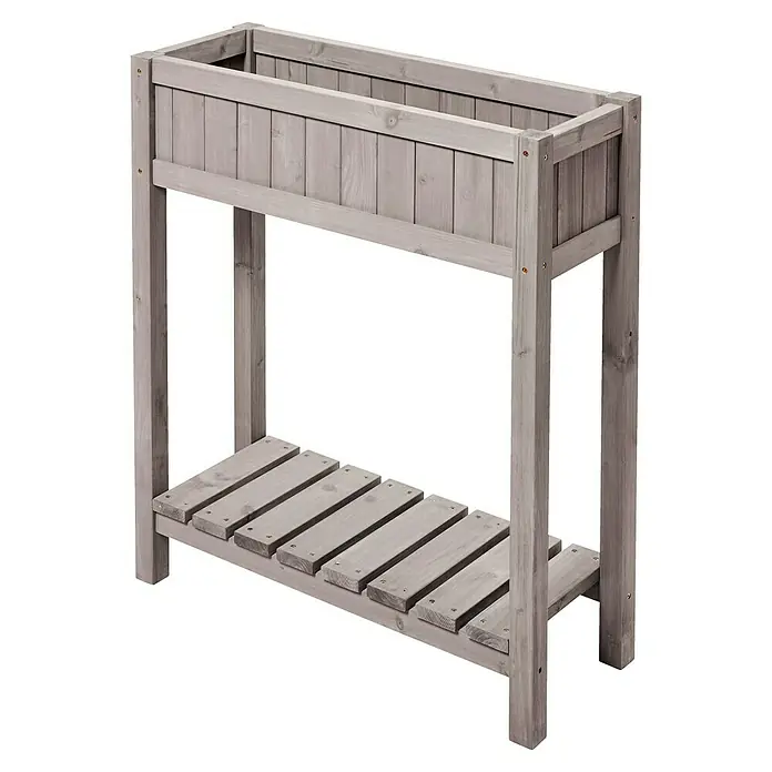 Butenkist Huerto Dete - 75 x 28 x 85 cm, Madera, Gris - Jardinera elevada de madera gris con estante de almacenamiento, ideal para jardinería. Diseño perfecto para pequeños jardines o patios.
