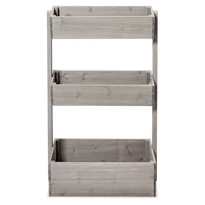 Butenkist Hochbeet Freyja - 76 x 43 x 120 cm, Holz, Warm Grey - Ein graues, hölzernes Regal mit drei Ablagen, ideal für Pflanzen oder Dekorationen im Innen- oder Außenbereich, bietet viel Stauraum.