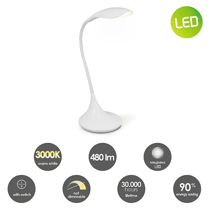 LED-Tischleuchte Wing - 2,5 W, L x B x H: 17 x 17 x 37,5 cm, Weiß, Warmweiß - Nahaufnahme der LED-Tischleuchte mit verschiedenen Funktionen und Details wie Farbtemperatur und Lebensdauer.
