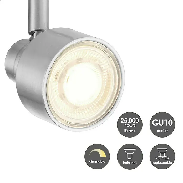Home Sweet Home LED-Deckenstrahler Drift - 5,8 W, L x B x H: 12 x 35,5 x 17,5 cm, Holz/Silber, Warmweiß, 2 Stk. - Nahaufnahme einer verstellbaren LED-Spotleuchte in Silber mit warmweißem Licht und technischen Details.