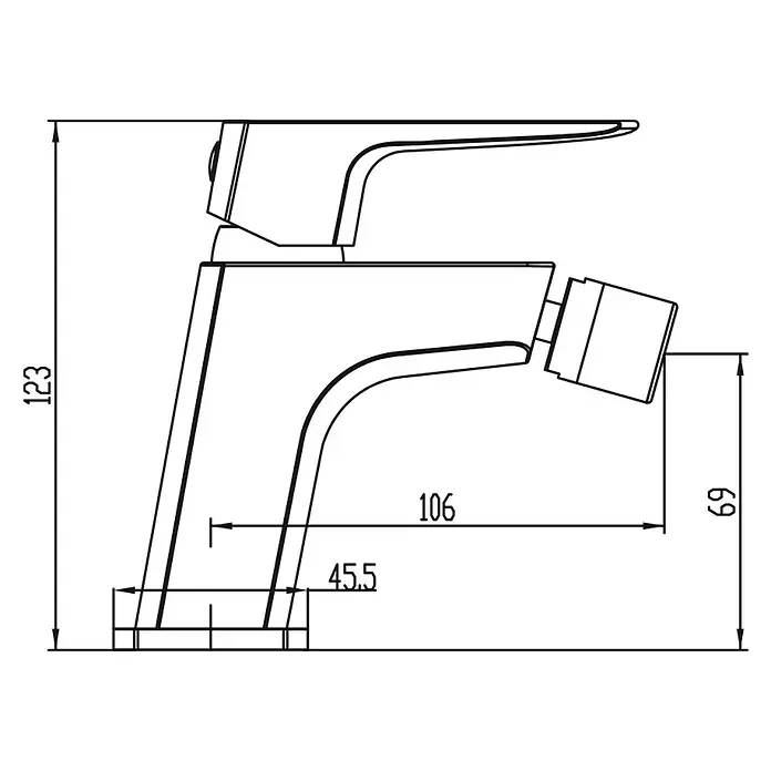 IO Marriot Grifo monomando de bidé - Oro - Dibujo técnico de un grifo que muestra las dimensiones de altura (123), alcance del caño (106), altura de salida (69) y base (45,5).