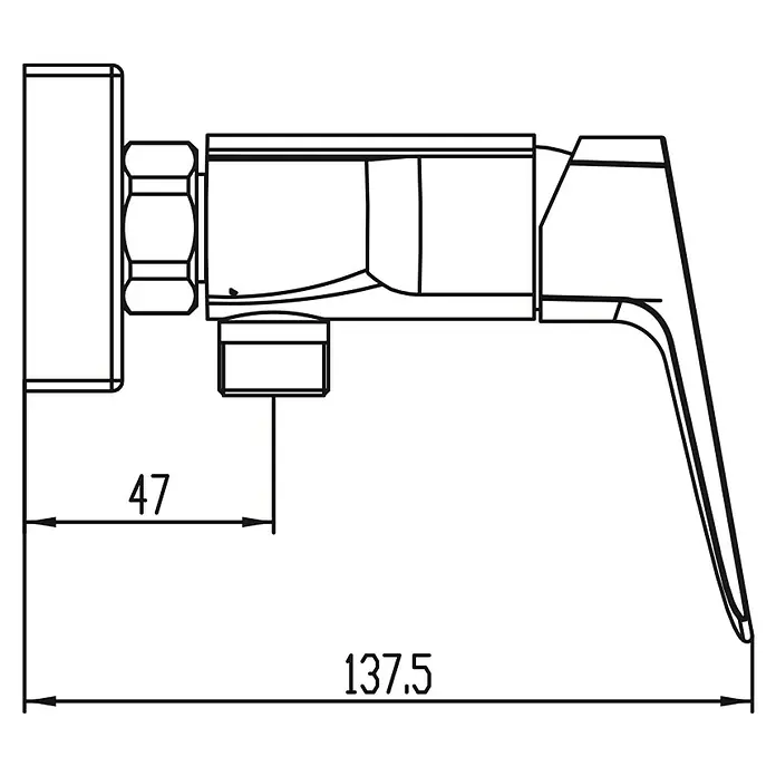 IO Marriot Grifo monomando de ducha - Oro - Dibujo esquemático de un grifo con dimensiones. Una vista detallada del grifo, incluyendo todas las dimensiones relevantes para la instalación.