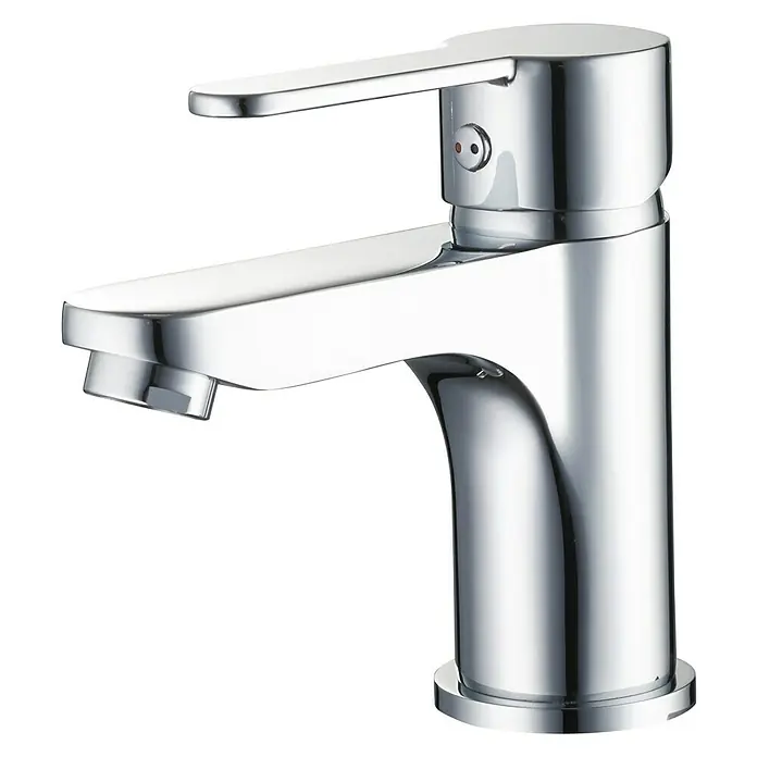 IO Sion Grifo de lavabo - Cromo - Primer plano de un brillante grifo de baño cromado con un diseño elegante, ideal para baños modernos.