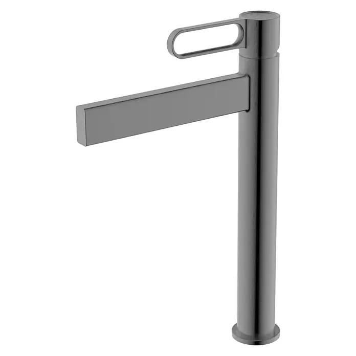 IO Dior Grifo de lavabo alto - Titanio - Grifo de lavabo alto y moderno en gris oscuro con caño rectangular y asa redondeada, perfecto para un diseño de baño elegante.