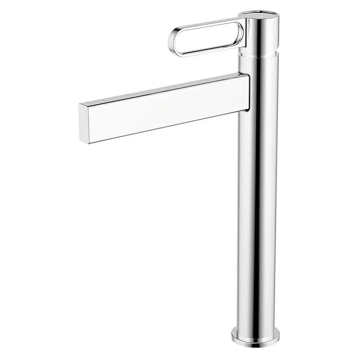 IO Dior Grifo de lavabo alto - Cromo - Elegante grifo cromado con un diseño elegante, con un caño rectangular y un asa redondeada, ideal para baños modernos.