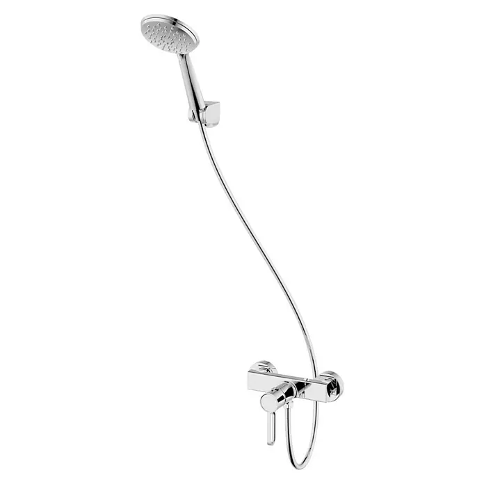 IO Dior Grifo monomando de ducha - Cromo - Primer plano de un juego de ducha cromado con teleducha, manguera de ducha y mezclador termostático de superficie para el baño.