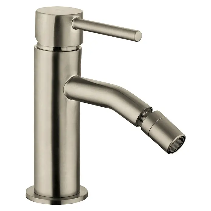 IO Sirio Grifo monomando de bidé - Níquel - Primer plano de un grifo de bidé moderno en níquel cepillado con un diseño elegante y forma cilíndrica, ideal para baños con estilo.
