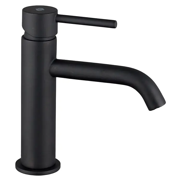 IO Sirio Grifo de lavabo - Negro, Mate - Elegante grifo negro con un diseño moderno, con un elegante caño curvo para baños o cocinas contemporáneas.