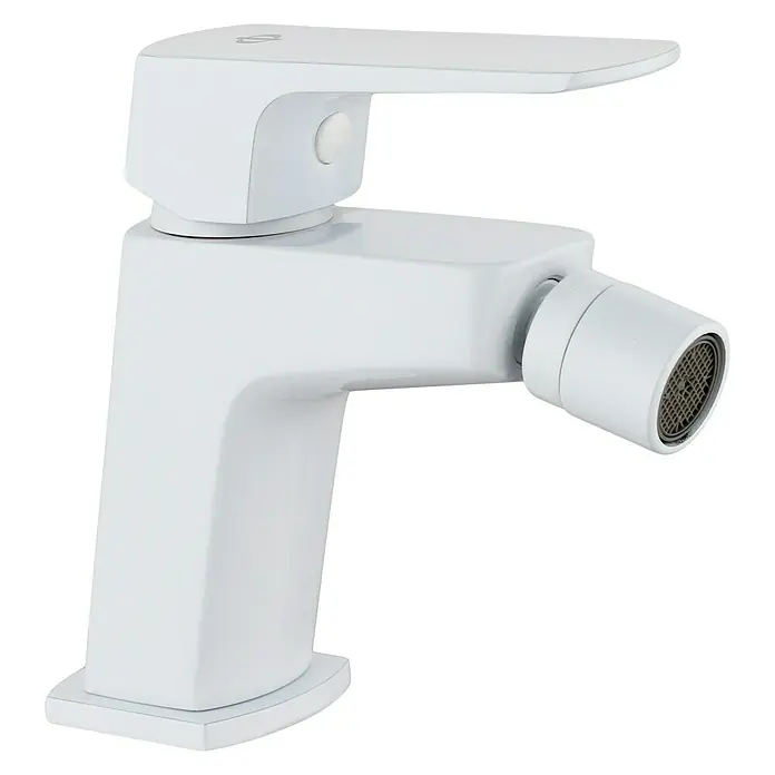 IO Marriot Grifo monomando de bidé - Blanco - Primer plano de un grifo blanco con ducha bidet sobre fondo negro. Diseño elegante para baños modernos.