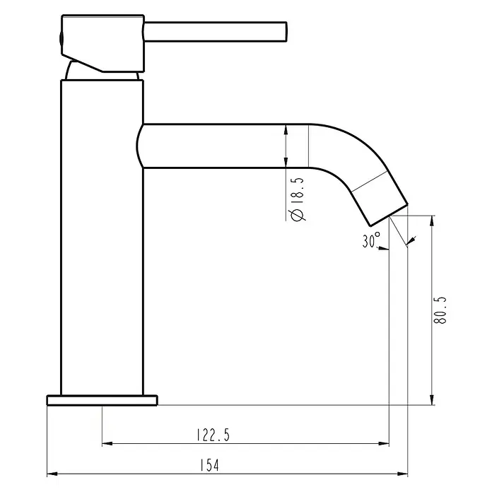 IO Sirio Grifo de lavabo - Oro - Dibujo esquemático de un grifo moderno con dimensiones y ángulos útiles para una instalación detallada.