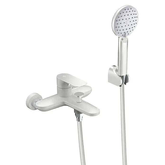 IO Cassio Grifo monomando de bañera - Blanco/Cromo, Brillante - Grifo de bañera blanco moderno con teleducha para diseños de baño elegantes.