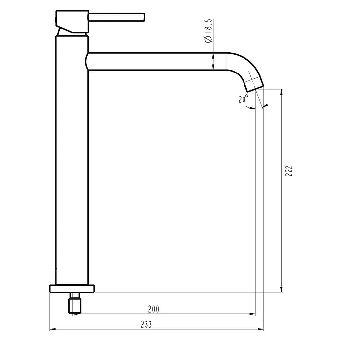 IO Sirio Grifo de lavabo alto - Oro - Dibujo técnico de un grifo con dimensiones, destacando las medidas y los ángulos del diseño.