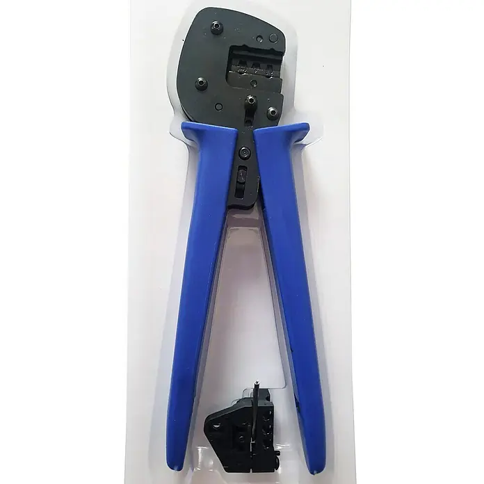Crimpadora Koban - Azul, MC4 - Herramienta de crimpado aislada con mangos azules y cabeza negra en embalaje transparente.