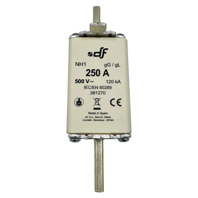 Fusible NH + Borna - 250 A, 500 V - Un fusible DF NH1, especificado para 250A a 500V con una capacidad de interrupción de 120kA, fabricado en España.
