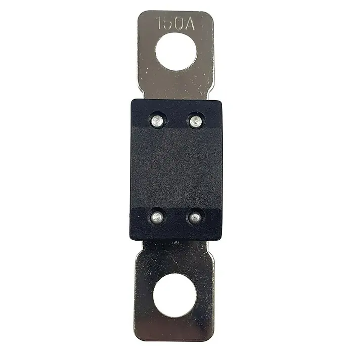 Fusible Mega - 150 A, 32 V - Fusible de 150A con terminales metálicos y cuerpo de plástico negro. Diseñado para proteger los sistemas eléctricos de sobrecorriente.