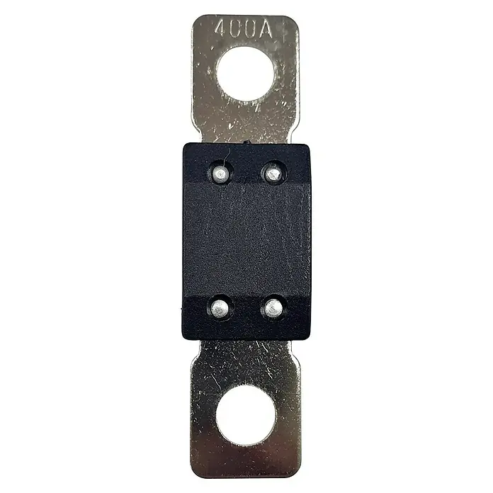 Fusible Mega - 400 A, 32 V - Imagen de un fusible de 400 A, con lengüetas de montaje plateadas y una sección central negra para una protección fiable del circuito.