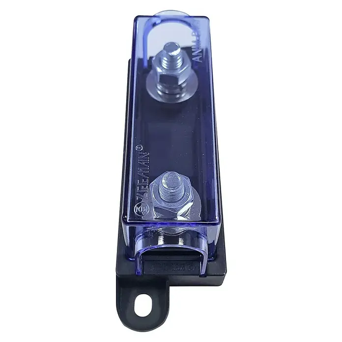 Base portafusibles Mega - L x An x Al: 3,7 x 10,8 x 2,5 cm - Primer plano de un portafusibles ANL con una carcasa transparente, que muestra el fusible interno y los pernos de montaje.