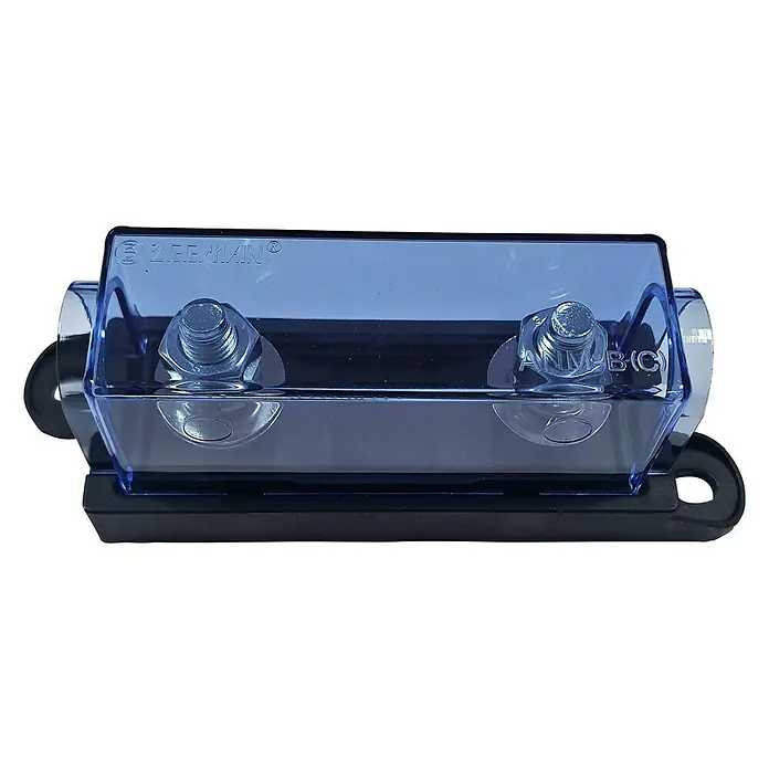 Base portafusibles Mega - L x An x Al: 3,7 x 10,8 x 2,5 cm - Un bloque de distribución de energía azul transparente con dos conexiones de tornillo, ideal para instalaciones de audio de coches y protección de sistemas eléctricos.