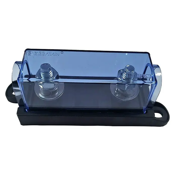 Base portafusibles Mega - L x An x Al: 3,7 x 10,8 x 2,5 cm - Bloque de distribución de energía azul de 2 vías con cubierta transparente y dos tornillos para conectar cables.