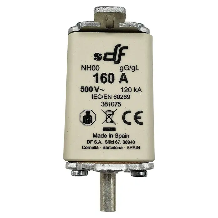 Fusible NH - 160 A, 500 V - Primer plano de un fusible NH00 gG/gL 160A de DF S.A. de España, con una potencia nominal de 500V~ y 120kA, según la norma IEC/EN 60269.