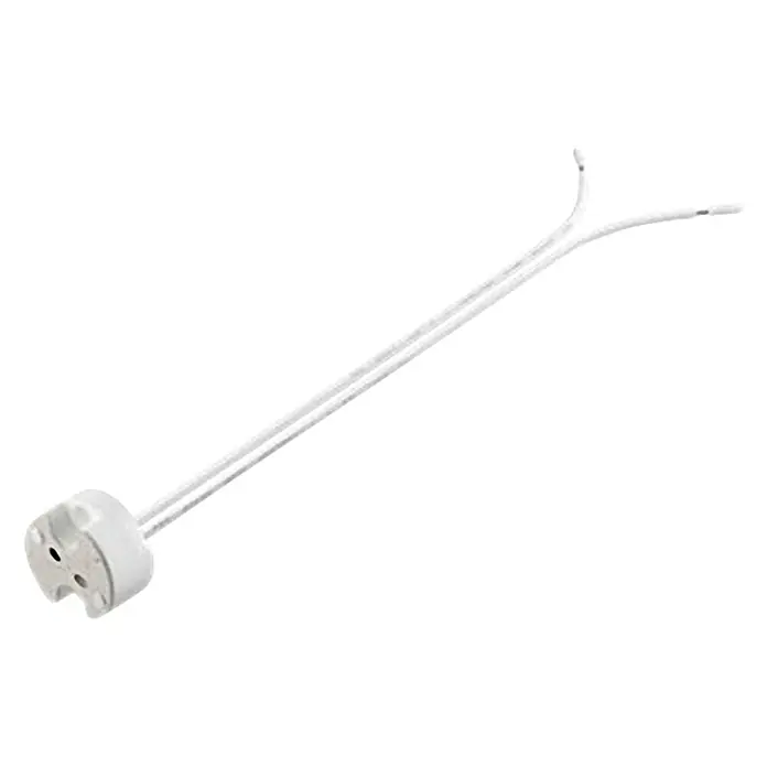 Voltomat Niedervolt-Halogen-Fassung Universal - 50 W - Keramik-Lampenfassung mit zwei weißen Kabeln. Ideal für den Anschluss an eine Lampe oder ein anderes elektrisches Gerät.