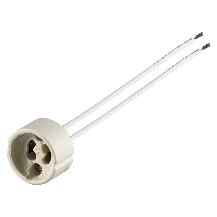 Voltomat Hochvolt-Halogen-Fassung - 500 W - Nahaufnahme einer G4 Lampenfassung mit zwei weißen Kabeln, ideal für Niedervolt-Halogenlampen in diversen Beleuchtungsanwendungen.