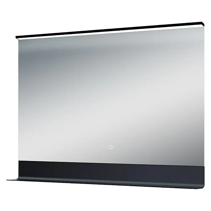 DSK Lichtspiegel Black Shelf - 80 x 60 cm, Schwarz, Leuchtmittel - Ein moderner Badezimmerspiegel mit integrierter Beleuchtung und einem schlanken schwarzen Rahmen für ein stilvolles Ambiente.