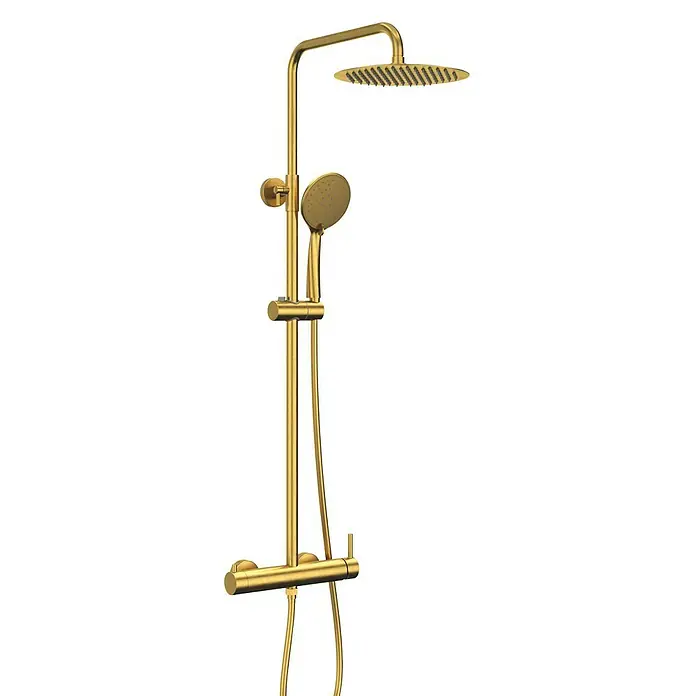 IO Inverter R Sistema de ducha - Grifo monomando, Distancia entre orificios: 15 cm, Número de tipos de chorro: 3 ud., Oro - Grifo de ducha dorado con rociador superior y teleducha. Diseño elegante para baños modernos.