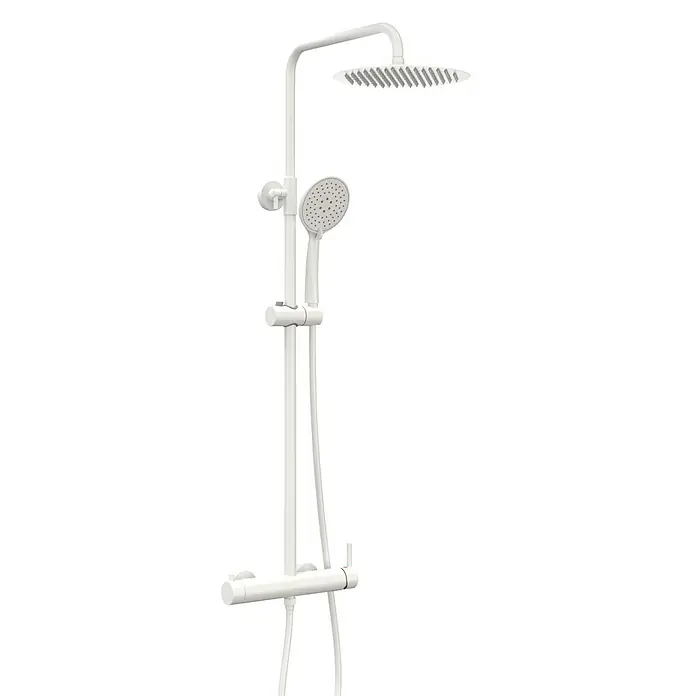 IO Inverter R Sistema de ducha - Grifo monomando, Distancia entre orificios: 15 cm, Número de tipos de chorro: 3 ud., Blanco - Imagen de un sistema de ducha blanco con cabezal de lluvia y ducha de mano. El diseño moderno se adapta perfectamente a cualquier baño y ofrece una gran experiencia.