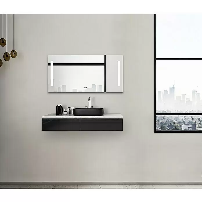 DSK Lichtspiegel Silver Time - 120 x 60 cm - Moderne schwarze Hängewaschbecken-Einheit mit weißer Arbeitsplatte, schwarzem Waschbecken und beleuchtetem Spiegel mit Digitaluhr.
